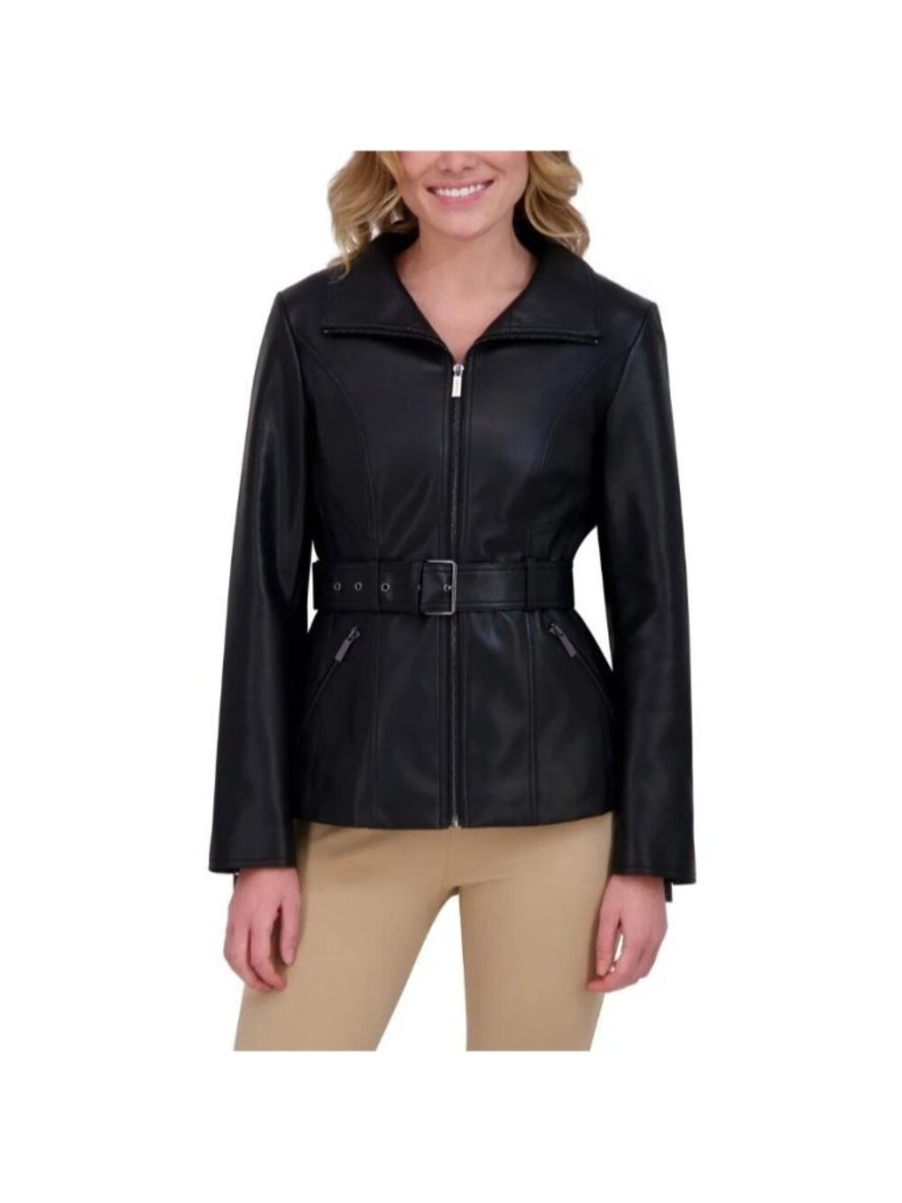 Kenneth Cole Women Belted Faux Leather Jacket Black sz L NEW